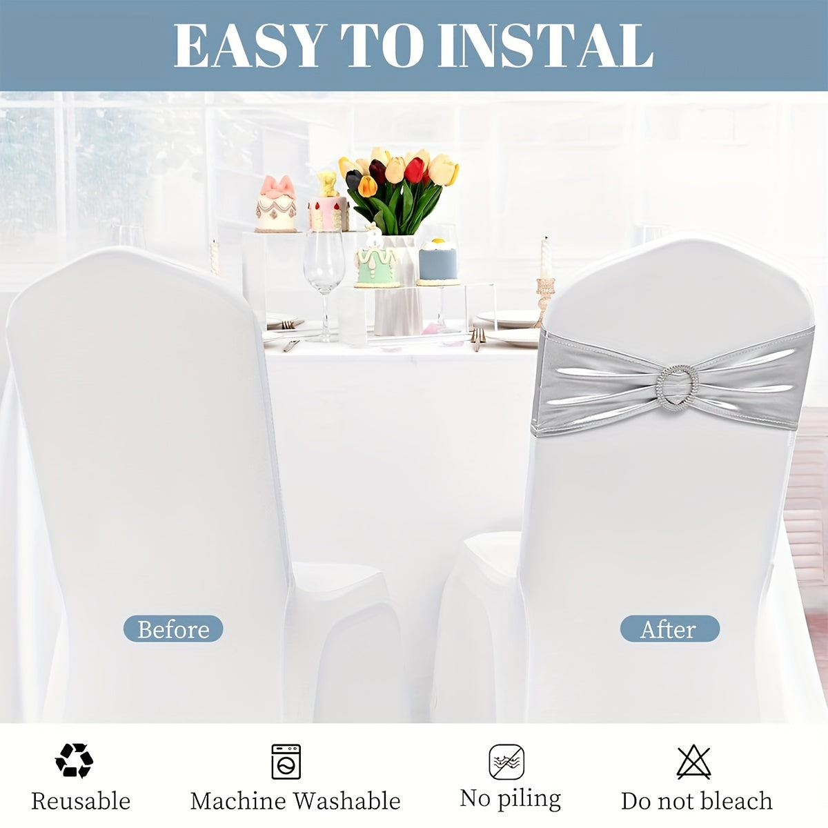 100pcs Metal Spandex Chair Bow Buckle Sliders – Stretchable Elastic Seat Strap Fasteners for Wedding, Party & Banquet Chair Decorations | Gold, Silver, Rose Gold & More