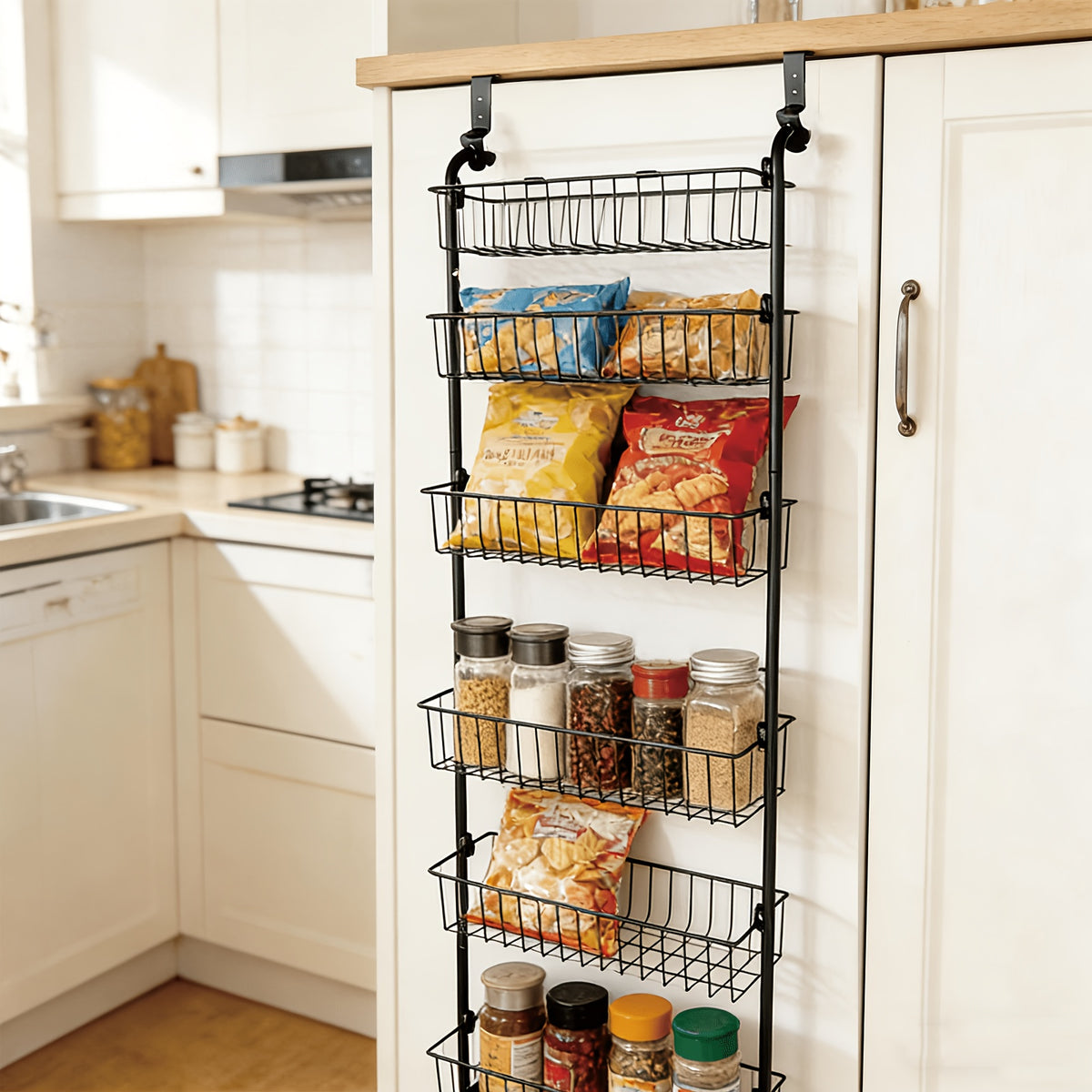 Over The Door Pantry Organizer 6 or 8-Tier, Metal Hanging Storage Shelf with Adjustable Baskets, Spice Rack for Kitchen, Pantry, Laundry & Bathroom, Door Mounted Utility Rack, Black or White