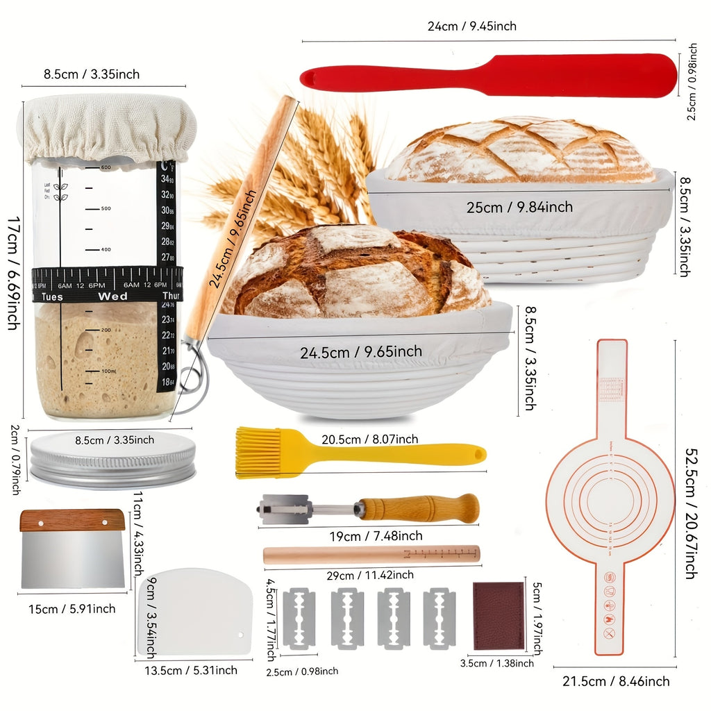 Sourdough Bread Baking Kit with Banneton Proofing Basket Set - Complete Starter Supplies Including Oval & Round Proofing Baskets, Sourdough Starter Jar, Baking Tools & Utensils for Home Bakers