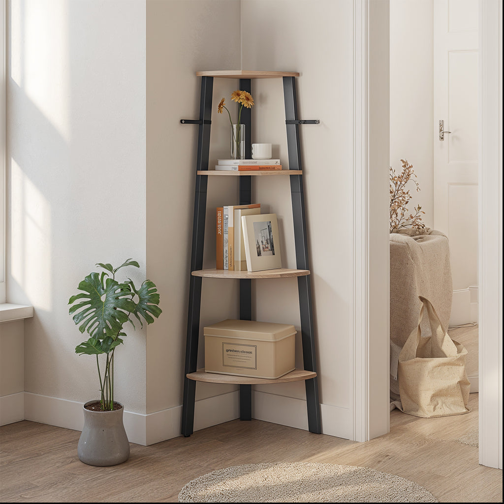 Corner Shelf 4-Tier Ladder Bookshelf & Plant Stand – Industrial Style Space-Saving Corner Shelving Unit for Living Room, Bedroom, Study & Entryway