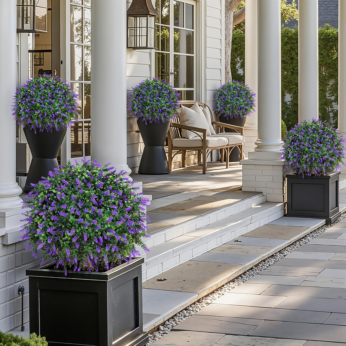 Artificial Lavender Topiary Ball Trees 2 Pack with Ground Spike – UV Resistant Faux Cedar Evergreen Shrubs for Outdoor Front Porch, Garden, Backyard & Indoor Home Decor