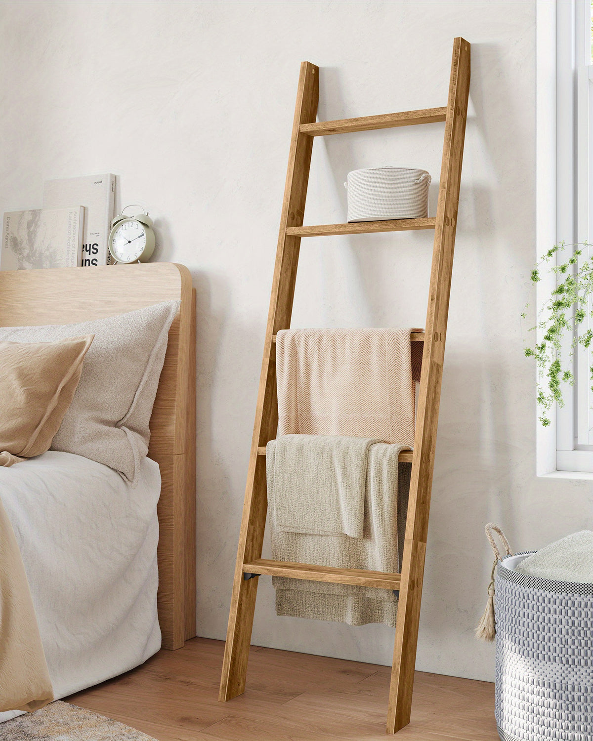 Blanket Ladder 5 Tier Farmhouse Decorative, Wood Ladder Rack for Blankets Towels & Quilts, 2-in-1 Ladder Shelf for Living Room Bedroom Bathroom Storage & Decor, Maroon Brown, Holds 17.6 lbs