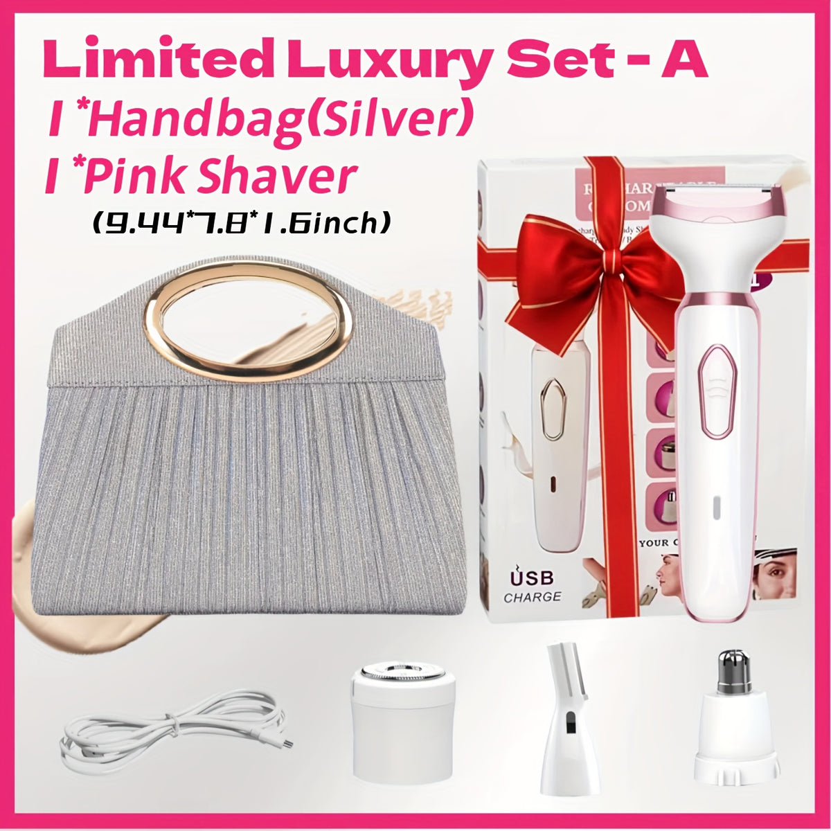 4-in-1 Electric Shaver for Women Rechargeable Grooming Kit Wet Dry Painless Lady Razor for Face Nose Legs Underarm Bikini Trimmer Luxury Gift Set