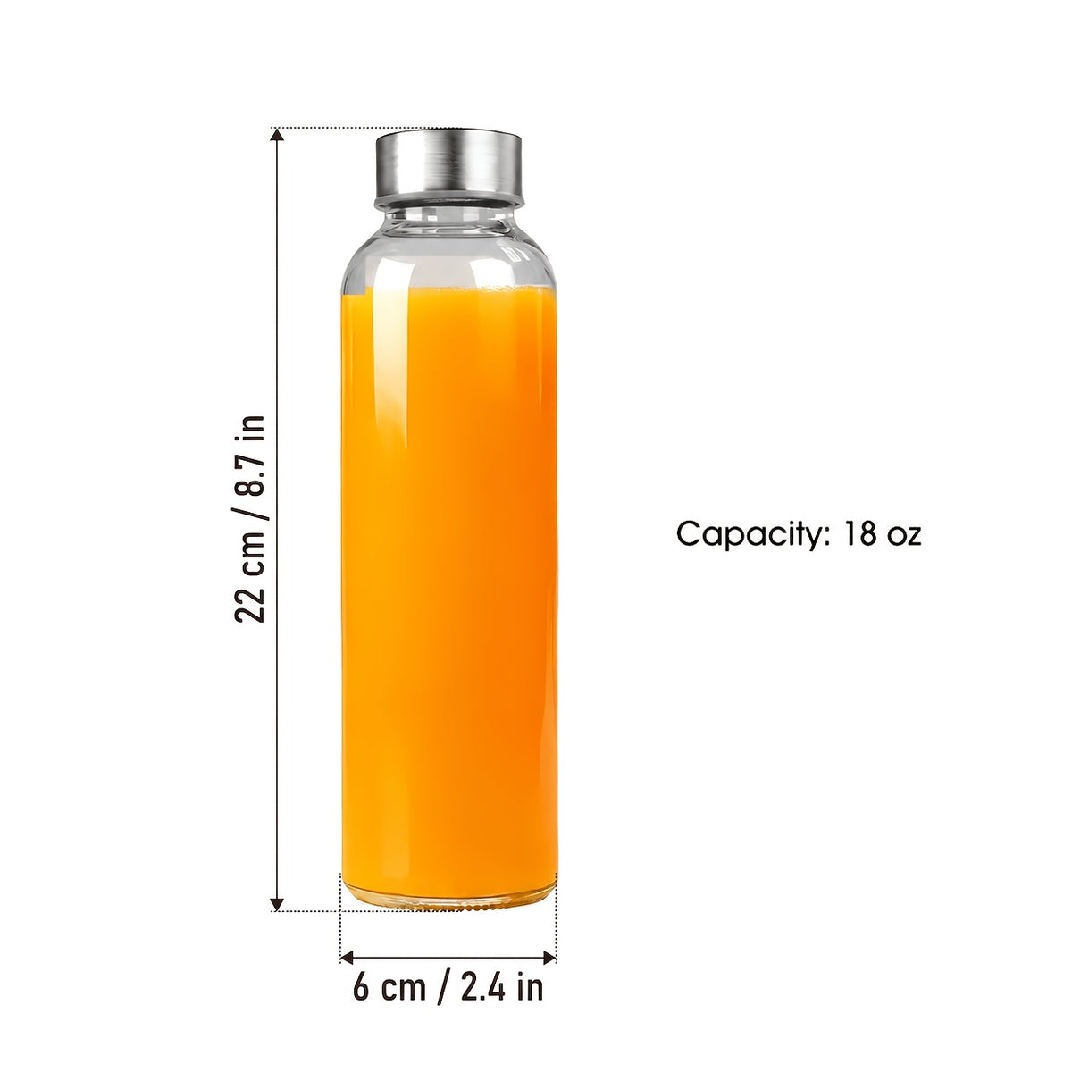 18oz Glass Juice Bottles with Stainless Steel Lid – Leakproof Reusable Clear Bottles for Juice, Beverage, Fridge & Travel | 6-Pack & 8-Pack