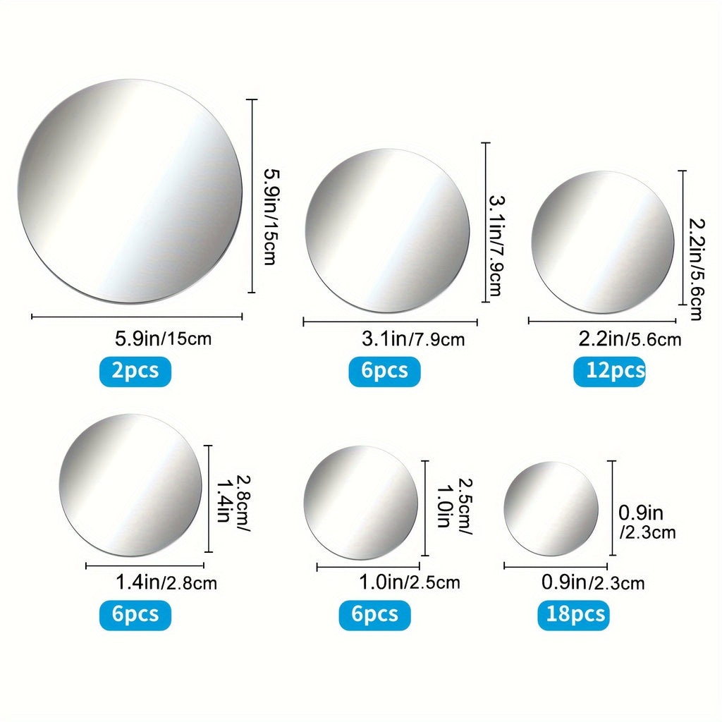 3D Mirror Wall Stickers 50pcs Round Self-Adhesive Acrylic Wall Decals in Multiple Sizes 0.9-5.9 Inch, Waterproof Shatterproof DIY Wall Art for Bedroom, Bathroom, Living Room & Office