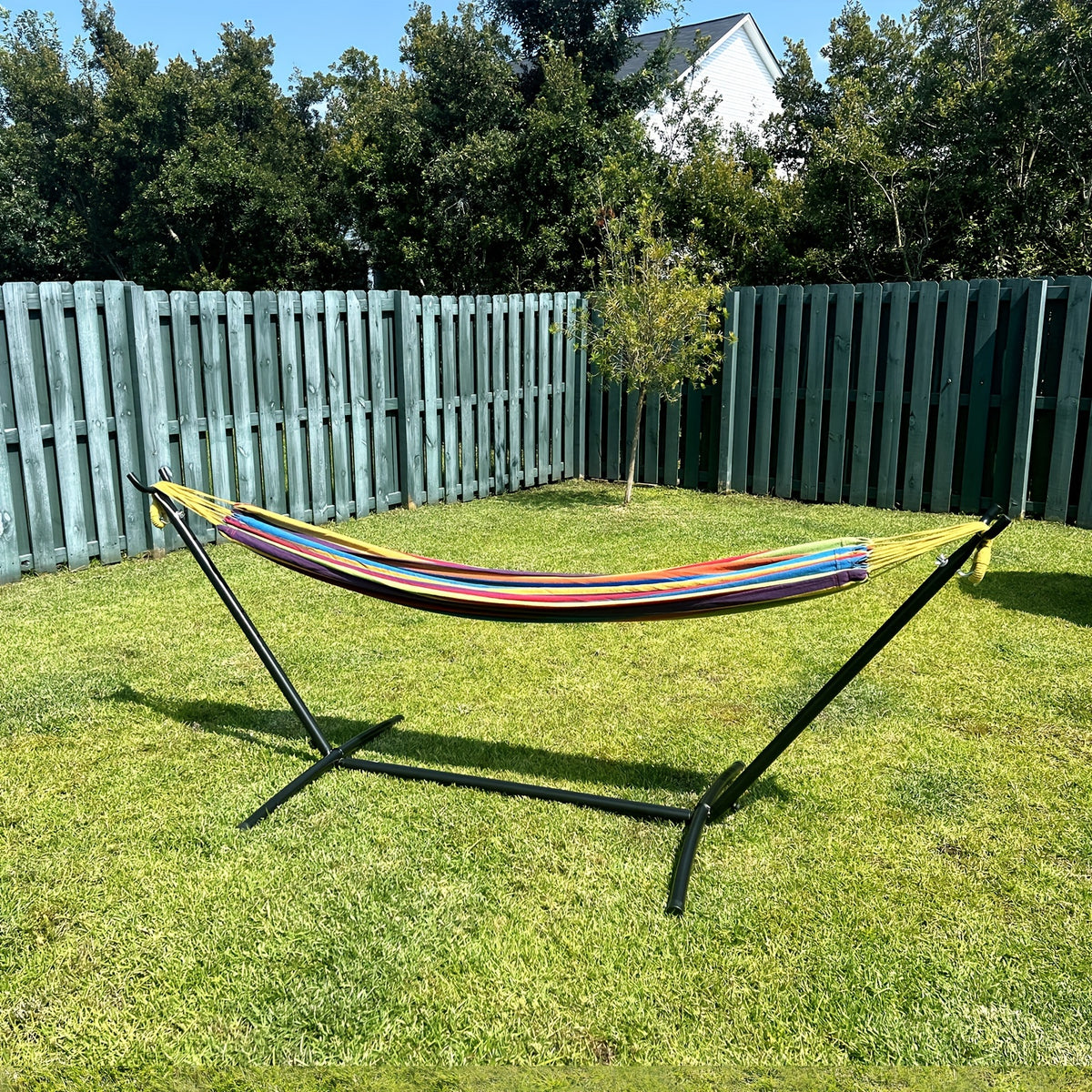 Heavy-Duty Double Hammock with Steel Stand – 450 lbs Outdoor Swing Bed, Anti-Roll Balance, Carry Bag Included, Easy Assembly, No Poles or Fillers | Tropical, Cyan & Green