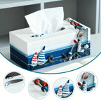 Nautical Tissue Box Cover Coastal Decor - Decorative Wood Tissue Dispenser with Rope & Sailboat Detail, Beach Theme Tissue Holder for Living Room, Bathroom & Office, Mediterranean Style Home Accent