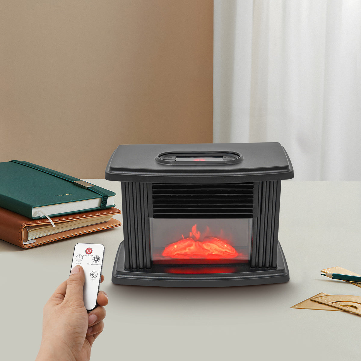 Mini Electric Fireplace Stove Heater – 1000W 3D Dancing Flame Effect, 3-Speed Tabletop Space Heater with Overheat Protection for Small Indoor Spaces | Vintage Freestanding Design | Black