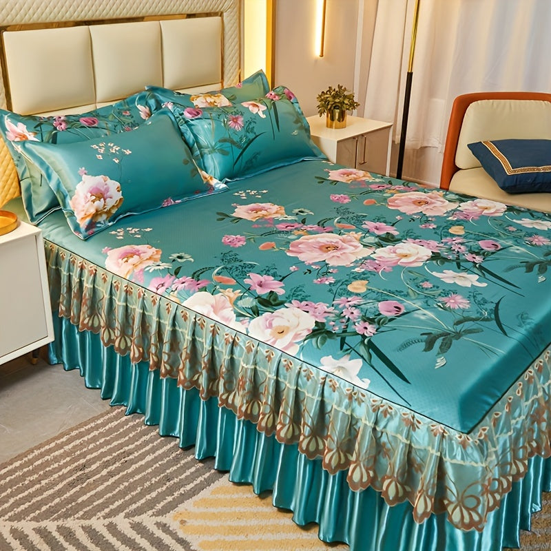 Bedding Set 3-Piece Double Layer Ruffle Bed Skirt Cool Mat with Pillowcases – Washable 360° Full Wrap Twin Full Queen King, 4 Printed Styles