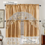 Kitchen Curtains 3 Piece Set with Valance and 2 Tiers – Faux Embroidery Semi-Sheer Rod Pocket Cafe Curtains for Kitchen Window, Dining Room, Bathroom, Lightweight Machine Washable