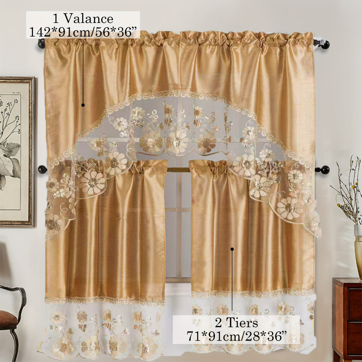 Kitchen Curtains 3 Piece Set with Valance and 2 Tiers – Faux Embroidery Semi-Sheer Rod Pocket Cafe Curtains for Kitchen Window, Dining Room, Bathroom, Lightweight Machine Washable