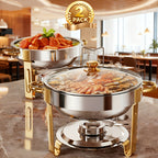 Stainless Steel Buffet Hot Pot Food Warmer Set with Glass Lid & Lid Rack, 5QT Round Chafing Dish for Party Catering Wedding – 1, 2 or 4 Pcs