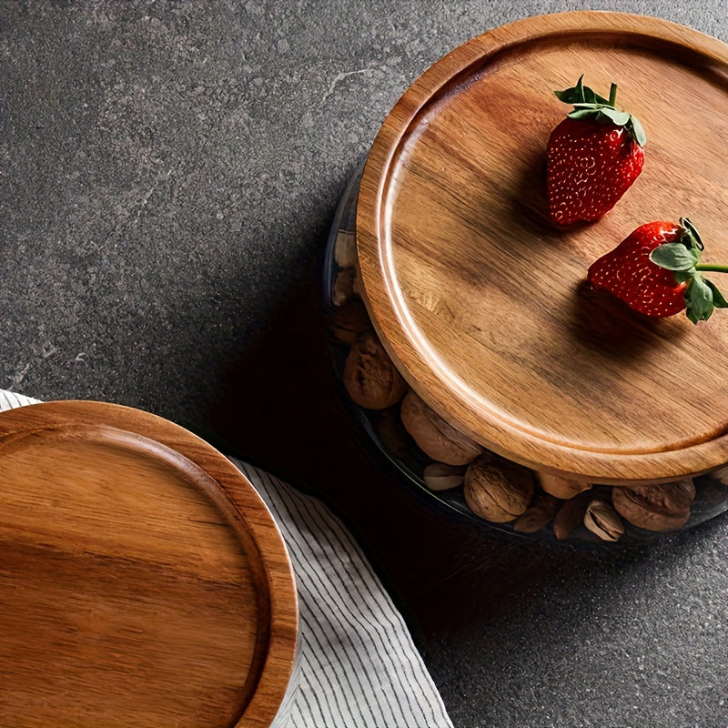 Glass Fruit Bowl with Wooden Lid - Stylish Serving Bowl for Nuts, Sweets, Candy & Cereals, Decorative Kitchen Organizer for Halloween, Christmas, Thanksgiving & Hanukkah, Available in Small, Large & Set