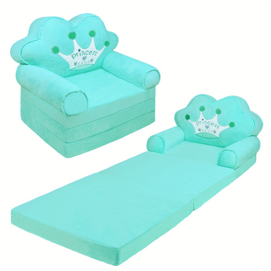 Flip Open Kids Sofa with Princess Crown Design – 2-in-1 Foldable Couch & Lounger Chair, Machine Washable Plush Cover, Certified Safe Foam, Dreamy Reading Nook Gift for Girls