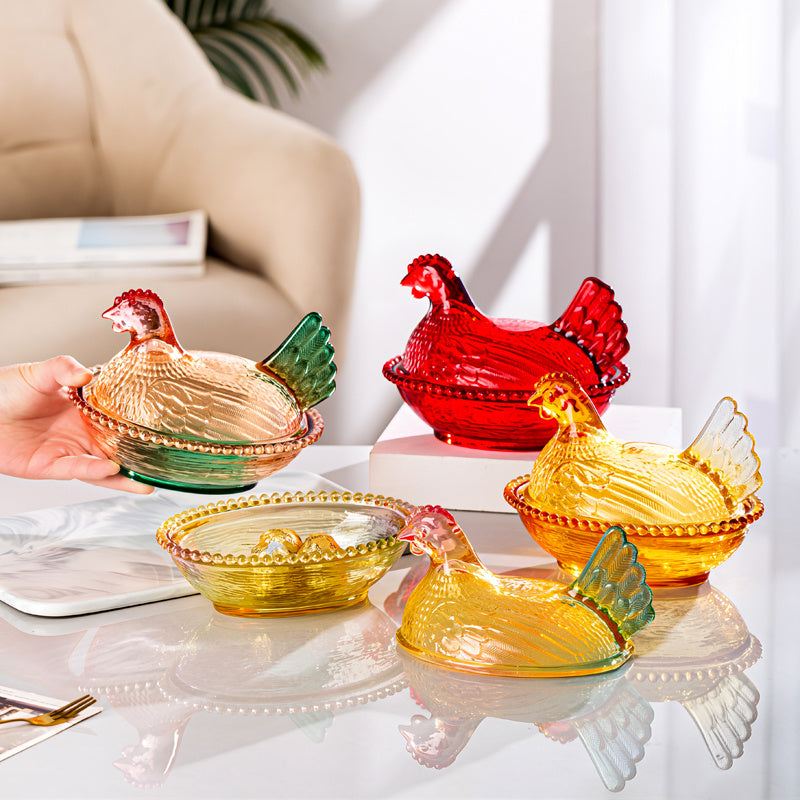 Chicken Shaped Crystal Glass Storage Jar with Lid & Placemat – Candy Colored Decorative Dish for Candy, Snacks, Jewelry & Desktop Decor
