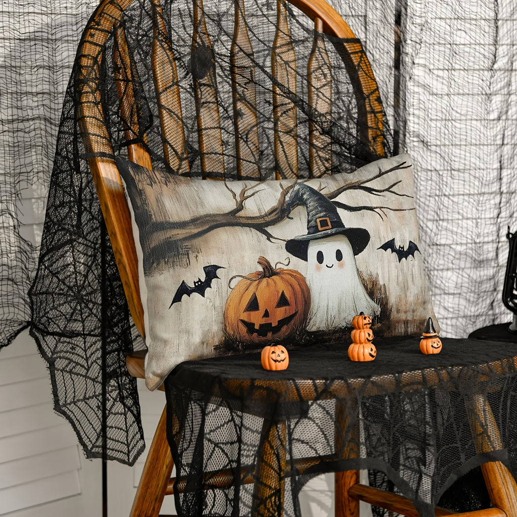 Halloween Ghost Pumpkin Lumbar Throw Pillow Cover 12x20 Inch – Farmhouse Spooky Bat Dead Tree Cushion Case, Single Sided Print, Sofa Couch Halloween Decor, 1pc