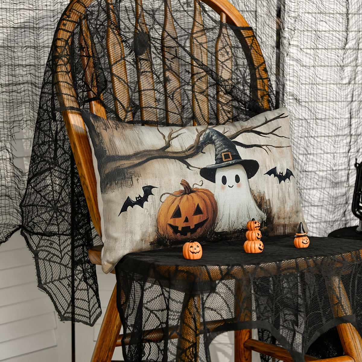 Halloween Ghost Pumpkin Lumbar Throw Pillow Cover 12x20 Inch – Farmhouse Spooky Bat Dead Tree Cushion Case, Single Sided Print, Sofa Couch Halloween Decor, 1pc