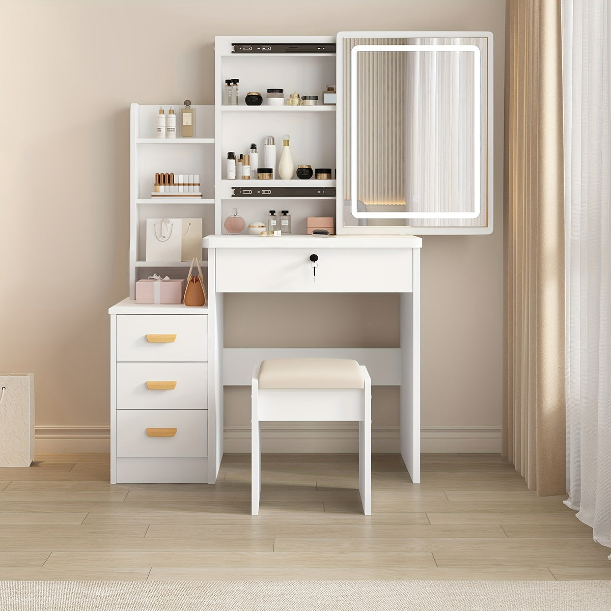 European Makeup Vanity Set with LED Lighting, Sliding Mirror, Drawers & Stool – 3 Color Modes Adjustable Brightness Bedroom Vanity Table White