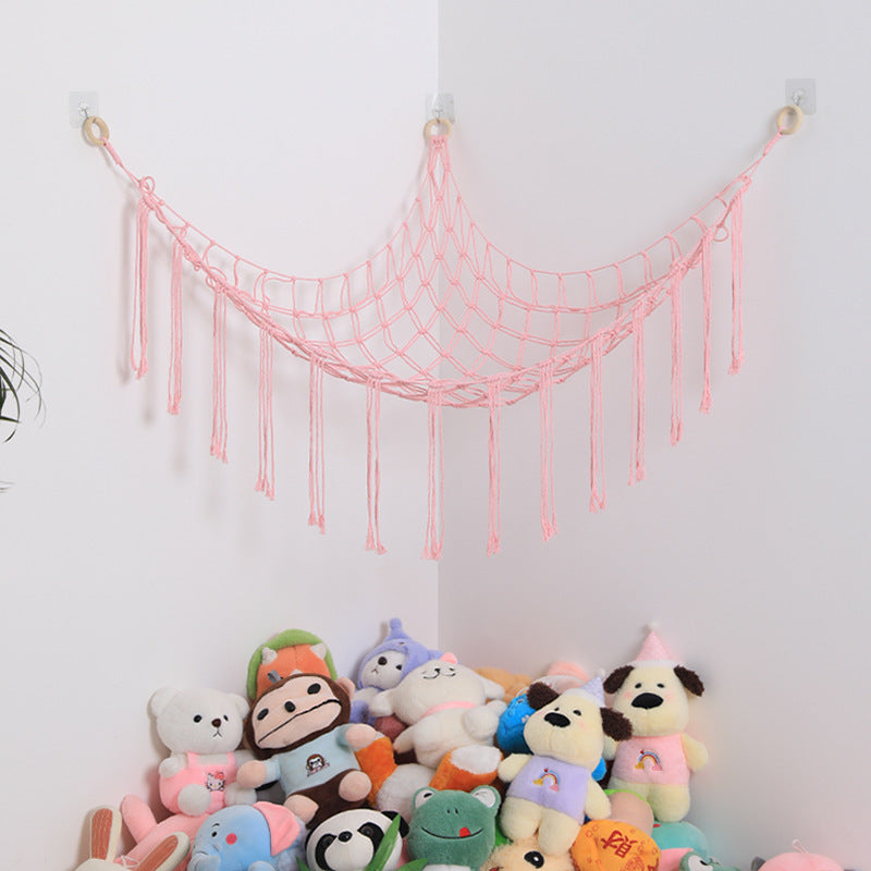 Stuffed Animal Storage Hammock with Star Lights – Corner Mesh Toy Organizer with Hooks for Kids Room, Bedroom & Nursery | White, Black & Pink