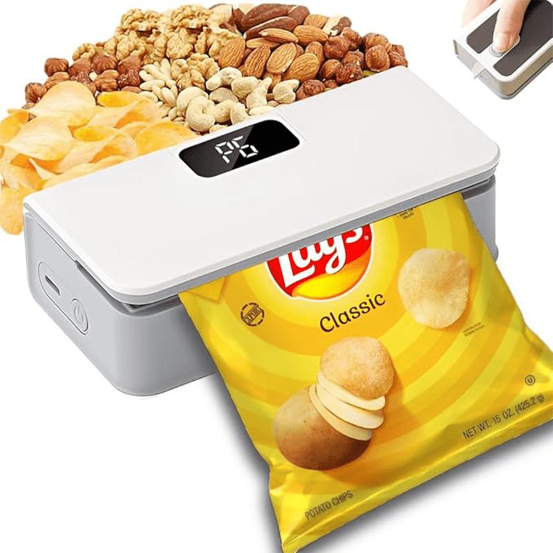 Mini Bag Sealer USB Rechargeable with Built-In Cutter, 6-Level Heat Portable Food Sealer for Chips, Snacks, Fruits & Veggies — Compact Kitchen & Picnic Gadget, White & Blue