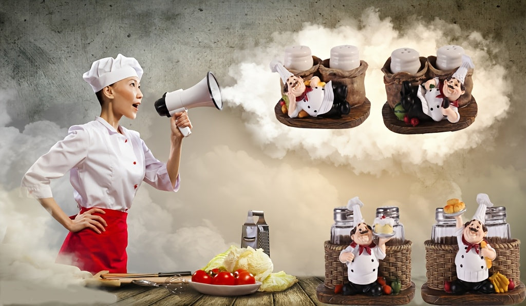 Chef Statue Salt and Pepper Shaker Set – Resin Decorative Chef Spice Jar Holder for Kitchen, Dining Room, Cafe & Coffee Shop Desktop – 4 Styles