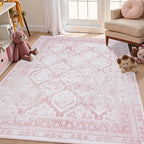Vintage Retro Area Rug Pink Machine Washable Non-Slip Low Pile for Living Room, Bedroom & Dining – Lightweight Indoor Carpet, 4 Sizes