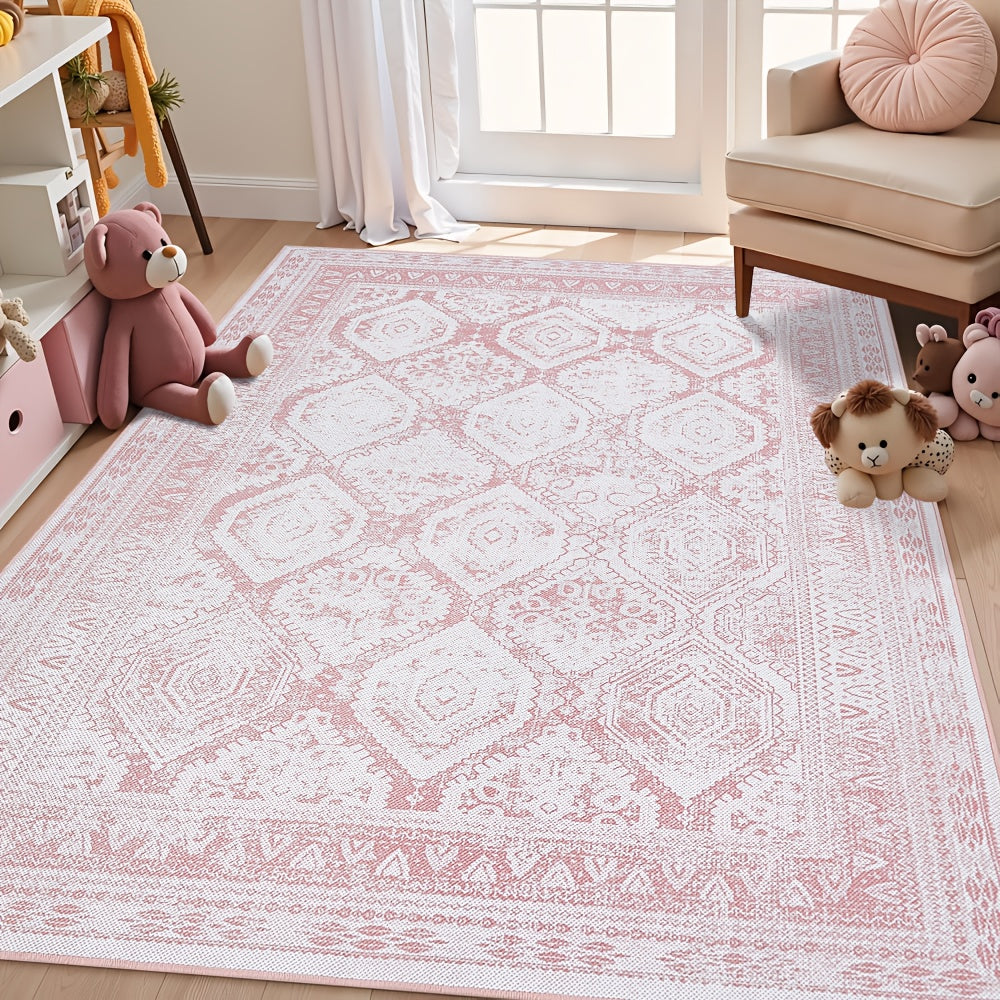 Vintage Retro Area Rug Pink Machine Washable Non-Slip Low Pile for Living Room, Bedroom & Dining – Lightweight Indoor Carpet, 4 Sizes