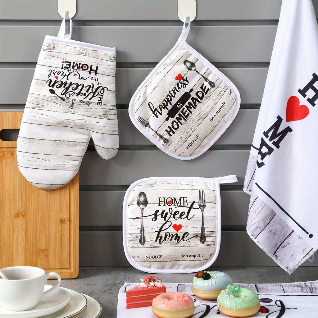 5-Piece Farmhouse Kitchen Set – 2 Vintage Wood Plank Dish Towels, 1 Oven Mitt & 2 Pot Holders for Cooking, Baking & Grilling, Rustic Kitchen Linen Gift Set for Holiday & Housewarming