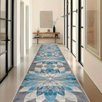 Runner Rug for Hallway Entryway Staircase - Floral European Lotus Pattern, Anti-Slip Machine Washable Long Corridor Mat, 3 Sizes, Teal Grey