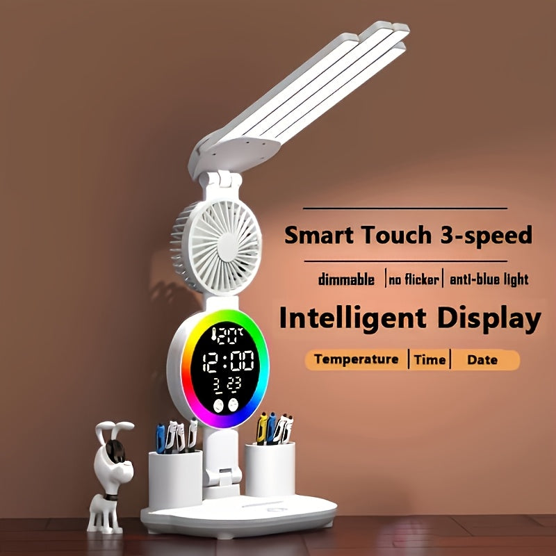 Smart Touch LED Desk Lamp USB Dual Head with Built-in Fan, 3-Color Dimmable, Smart Display, Pen Storage & Night Light – Eye-Caring Study & Home Office Lamp – 1 or 2 Pack