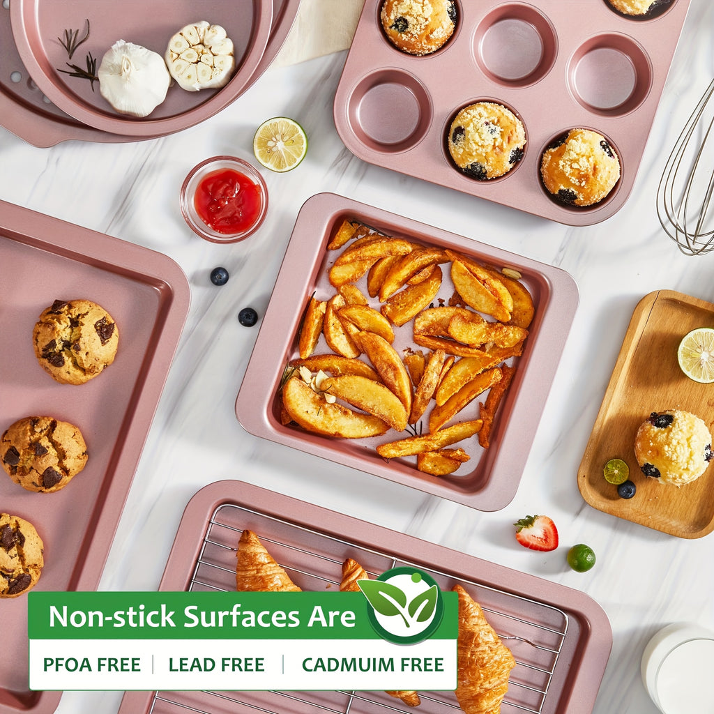 10-Piece Non-Stick Carbon Steel Bakeware Set – Cookie Sheet, Muffin Tray, Pizza Pan, Cake Tin & Roasting Dish, Complete Oven Baking Pans for Home Kitchen, Standard, Pink & Black