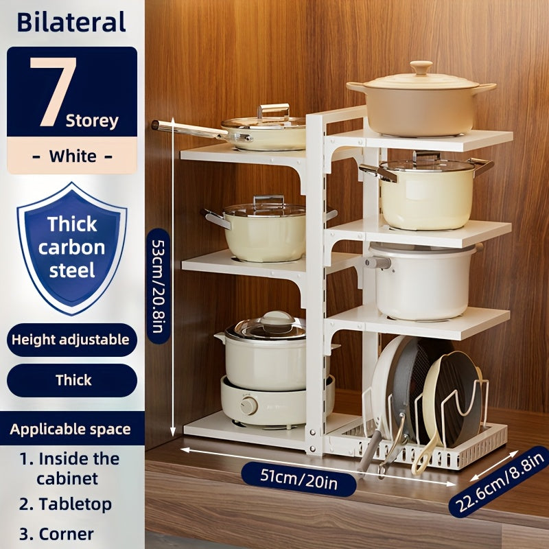 Kitchen Pot Rack Organizer – Multilayer Adjustable Metal Pan Holder, Cutting Board Storage, Detachable Shelves, Space-Saving Countertop Rack for Pots, Pans & Lids