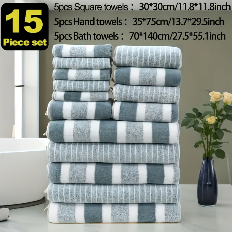 Classic Striped Bath Towel Set – 9 or 15 Piece No-Hair-Loss Super Absorbent Two-Color Towel Bundle | Large Bath Towels, Face Towels & Hand Towels for Bathroom & Beach