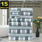 Classic Striped Bath Towel Set – 9 or 15 Piece No-Hair-Loss Super Absorbent Two-Color Towel Bundle | Large Bath Towels, Face Towels & Hand Towels for Bathroom & Beach