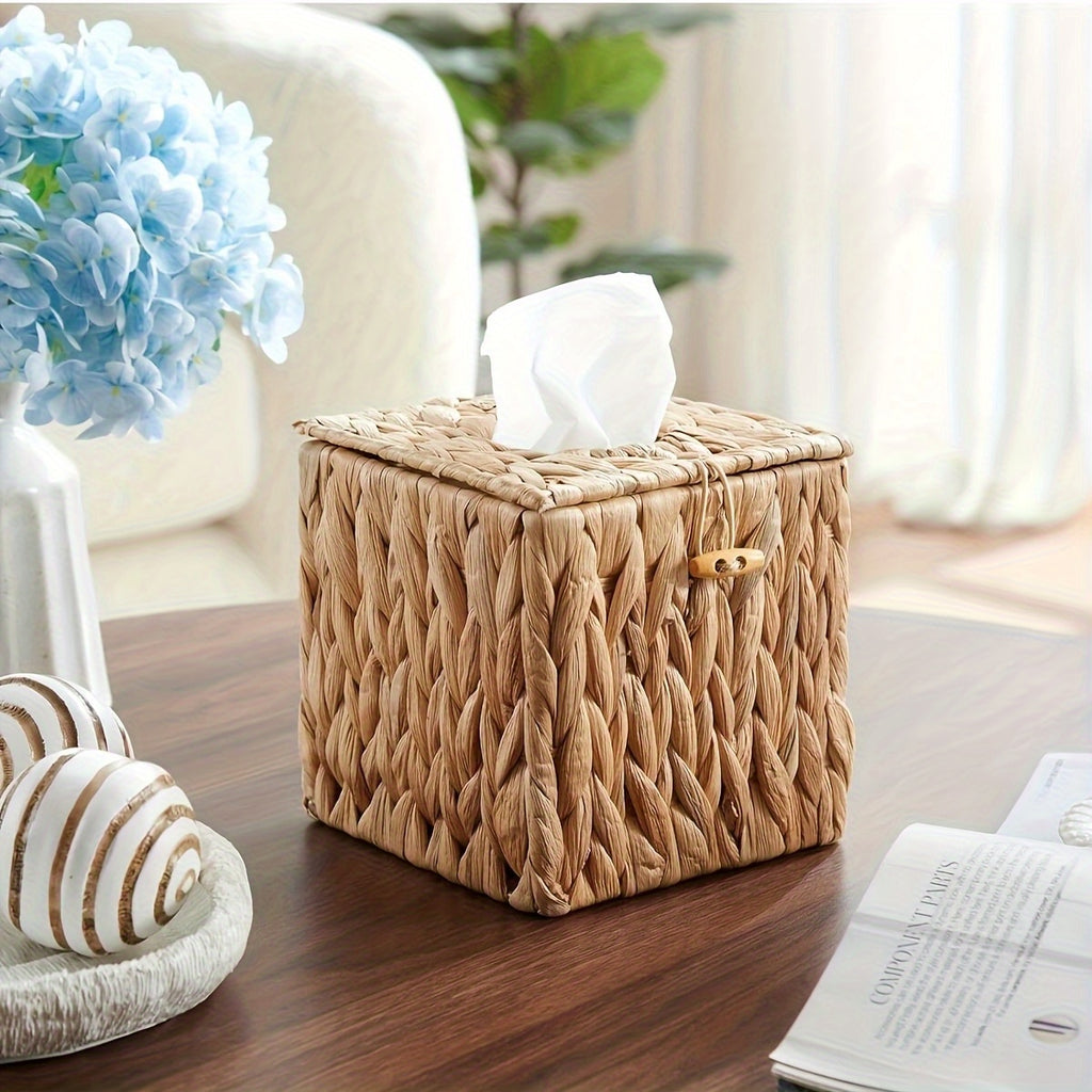Boho Woven Square Tissue Box Cover with Lid – Natural Fiber, Snap Closure, Decorative Tissue Holder for Bathroom, Living Room, Bedroom & Vanity – Stylish Home Decor Storage Basket