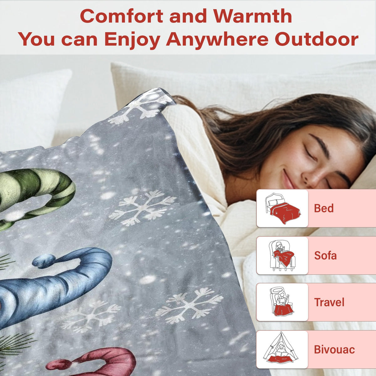Gnomes Flannel Throw Blanket – Soft Warm Whimsical Print, All-Season Cozy Blanket for Sofa, Bed & Living Room | Halloween & Christmas Decor | 40×50in / 50×60in