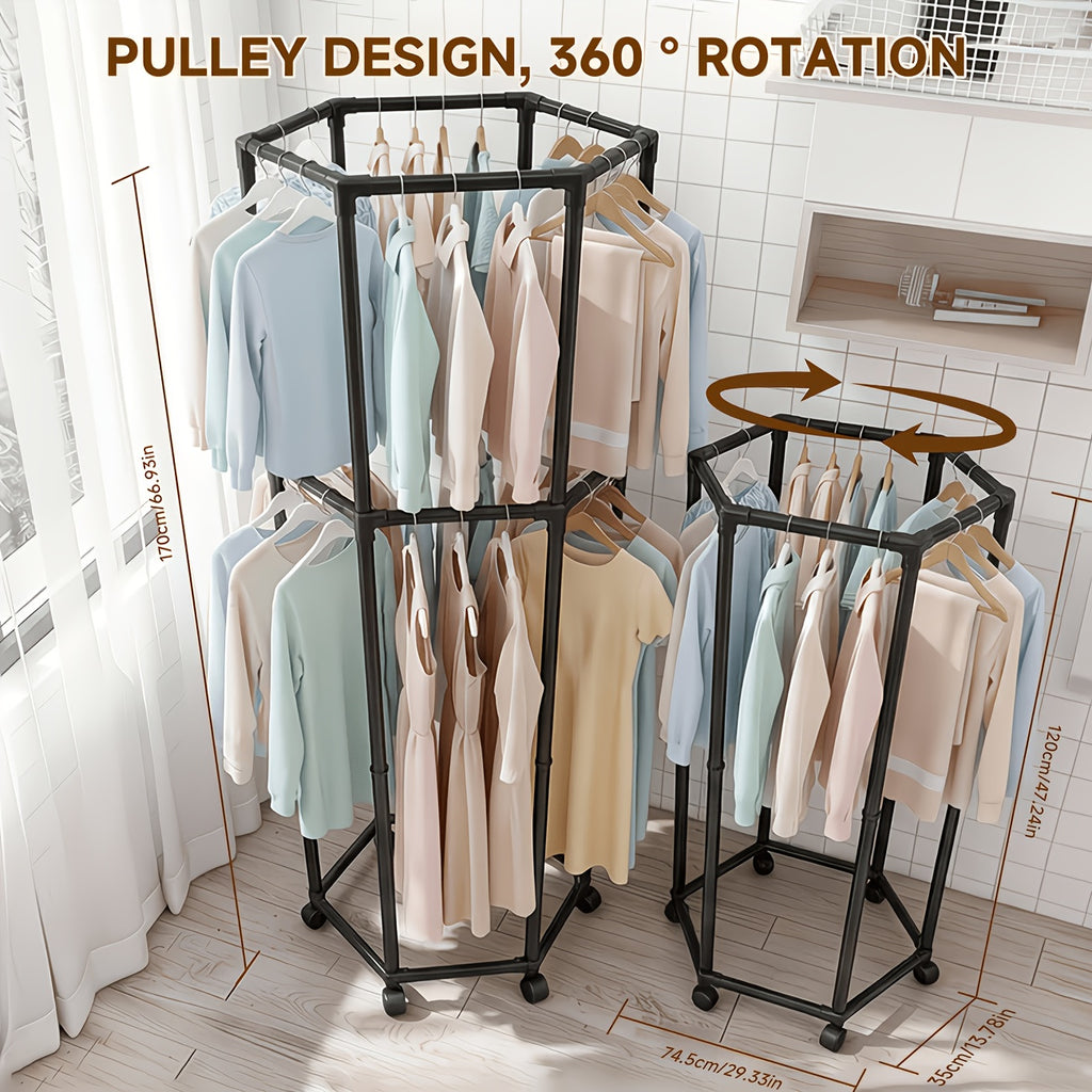 360° Rotating Clothes Rack with Wheels Heavy Duty Metal Hexagonal Garment Organizer for Bedroom Closet Laundry Room
