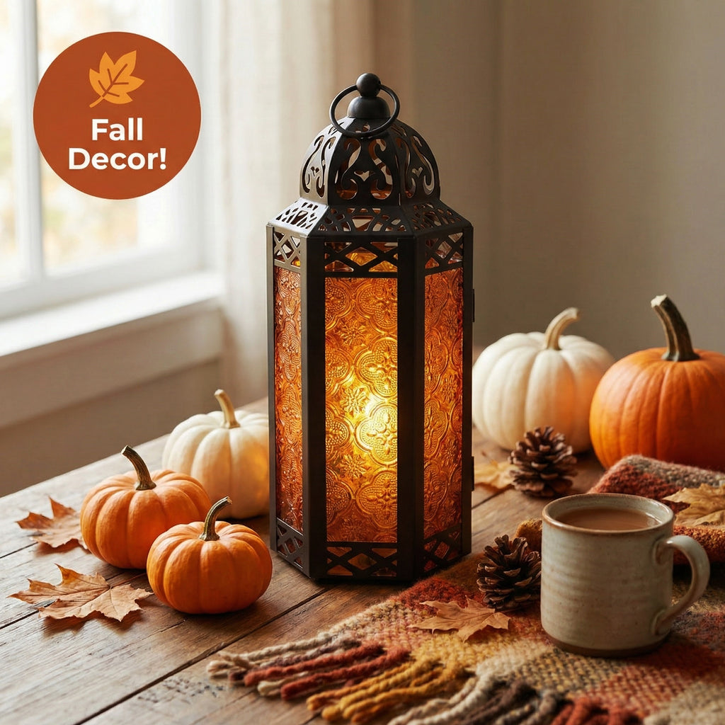 Moroccan Candle Lantern Holder Medium 10.5 Inch – Handcrafted Glass Iron Metal Lantern with Embossed Floral Panels, 17 Colors, Indoor Outdoor Use for Ramadan, Wedding, Patio, Diwali & Home Decor