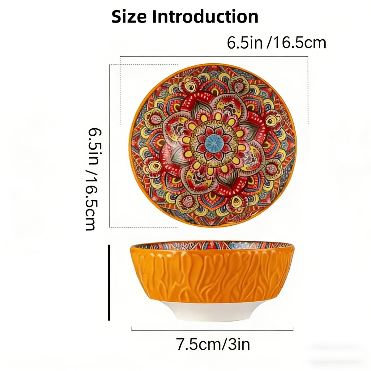 Bohemian Ceramic Salad Bowl Set of 4 with Wavy Edges 6.5" – Microwave Safe Vintage Floral Bowls for Pasta, Soup, Oatmeal & Cereal – Gift-Ready Dinnerware