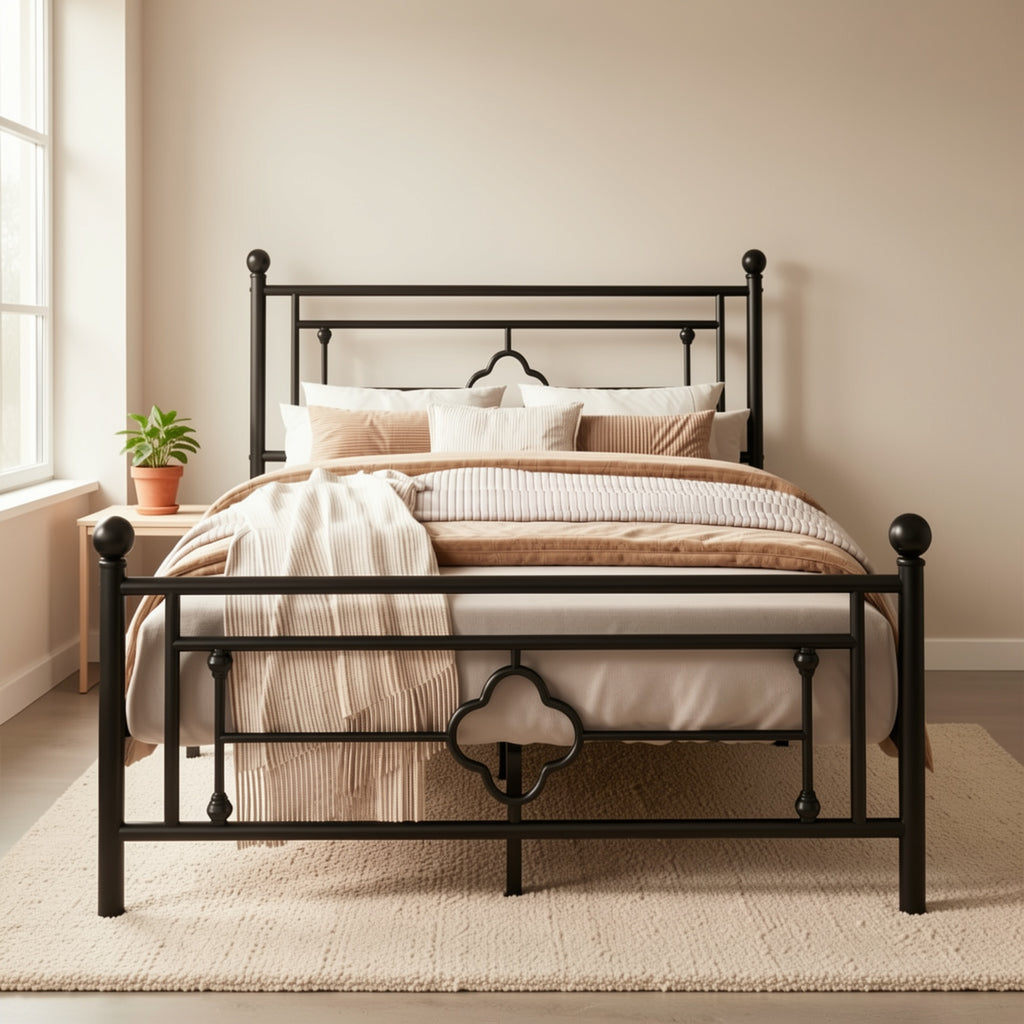 Metal Platform Bed Frame with Vintage Iron Art Headboard Footboard No Box Spring Needed Under Bed Storage Twin Full Queen King Black White Pink Gold