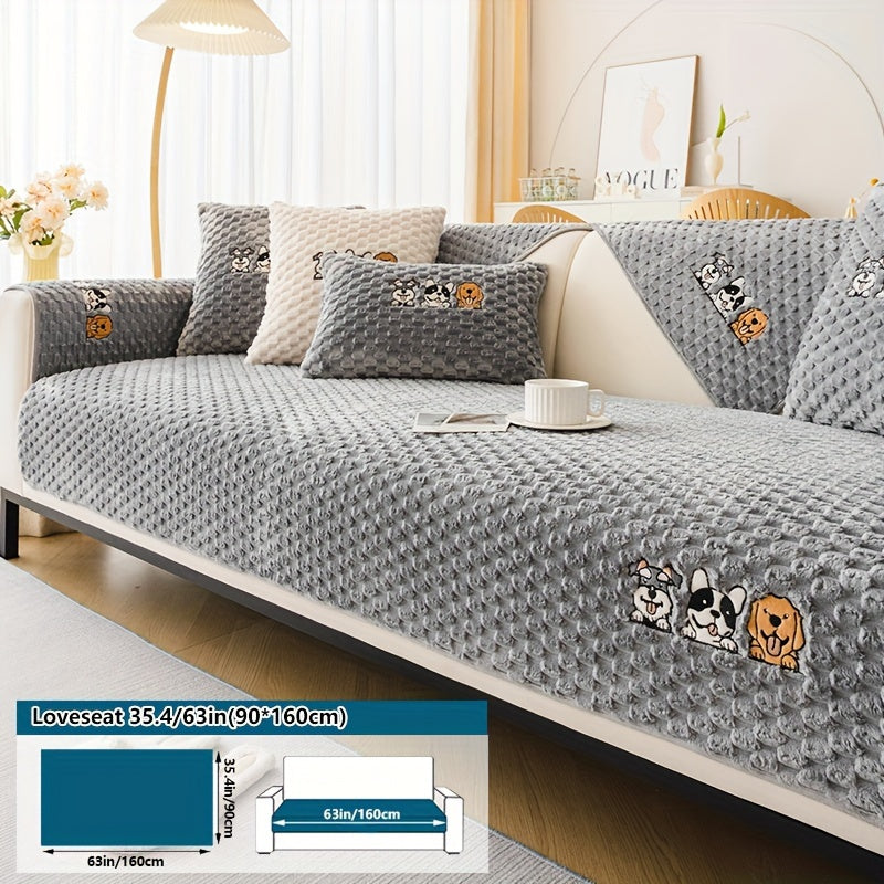 Honeycomb Velvet Sofa Slipcover Pet-Friendly Non-Slip with Cute Dog Embroidery, Bohemian Style Machine Washable Polyester Couch Cover for Sofa Cushion Backrest Armrest – Single Piece Home Decor, Grey