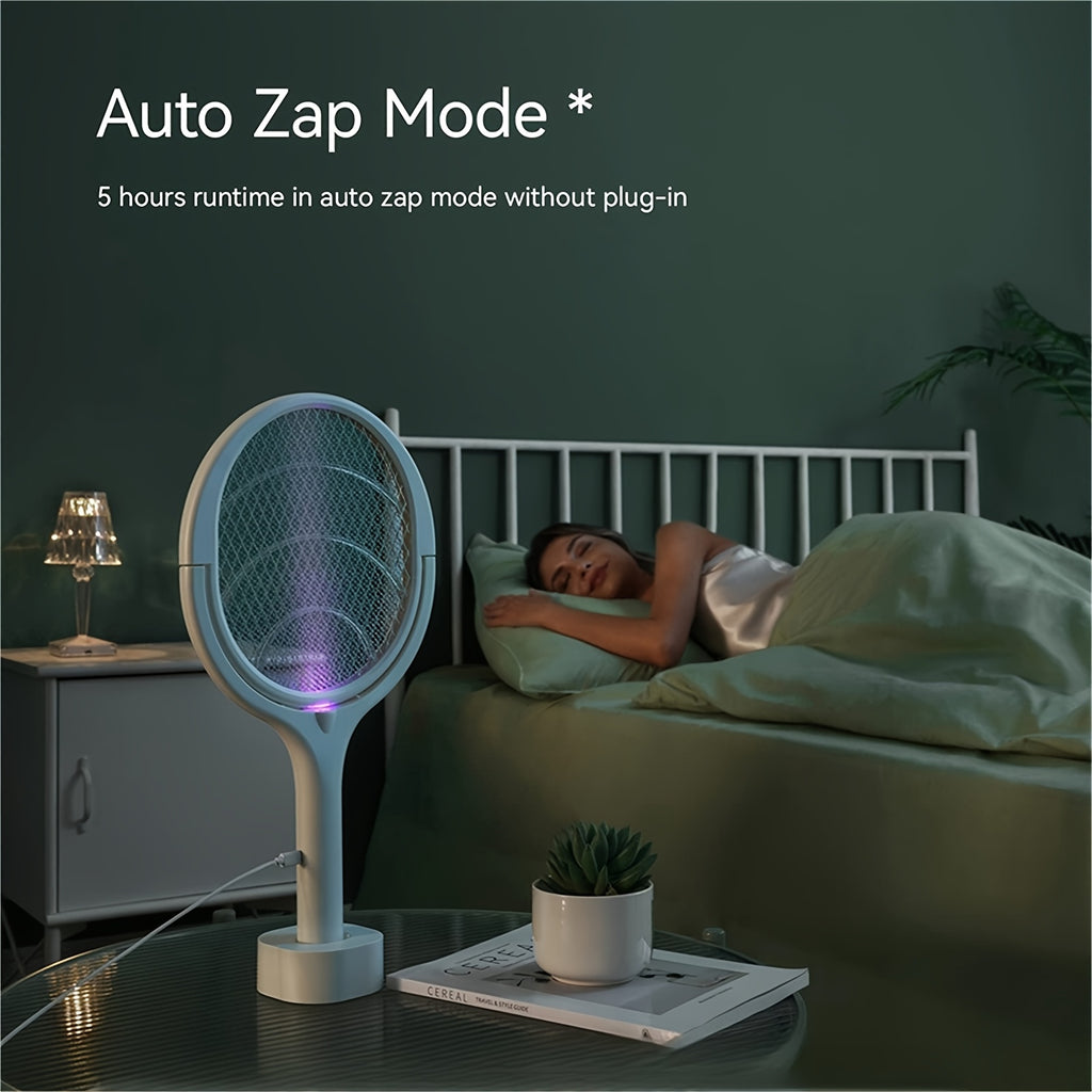 6-in-1 Electric Mosquito Swatter Bug Zapper Racket USB Rechargeable Telescopic Pole 90° Rotating Grid Wall Mount 3-Layer Safety Net UV Light for Indoor Outdoor Camping Patio