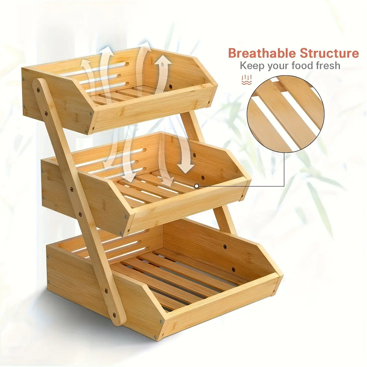 Bamboo Fruit Basket Stand 2 3 Tier Kitchen Countertop Organizer Produce Vegetable Bread Storage with Banana Hook Non-Slip Pads Easy Assembly