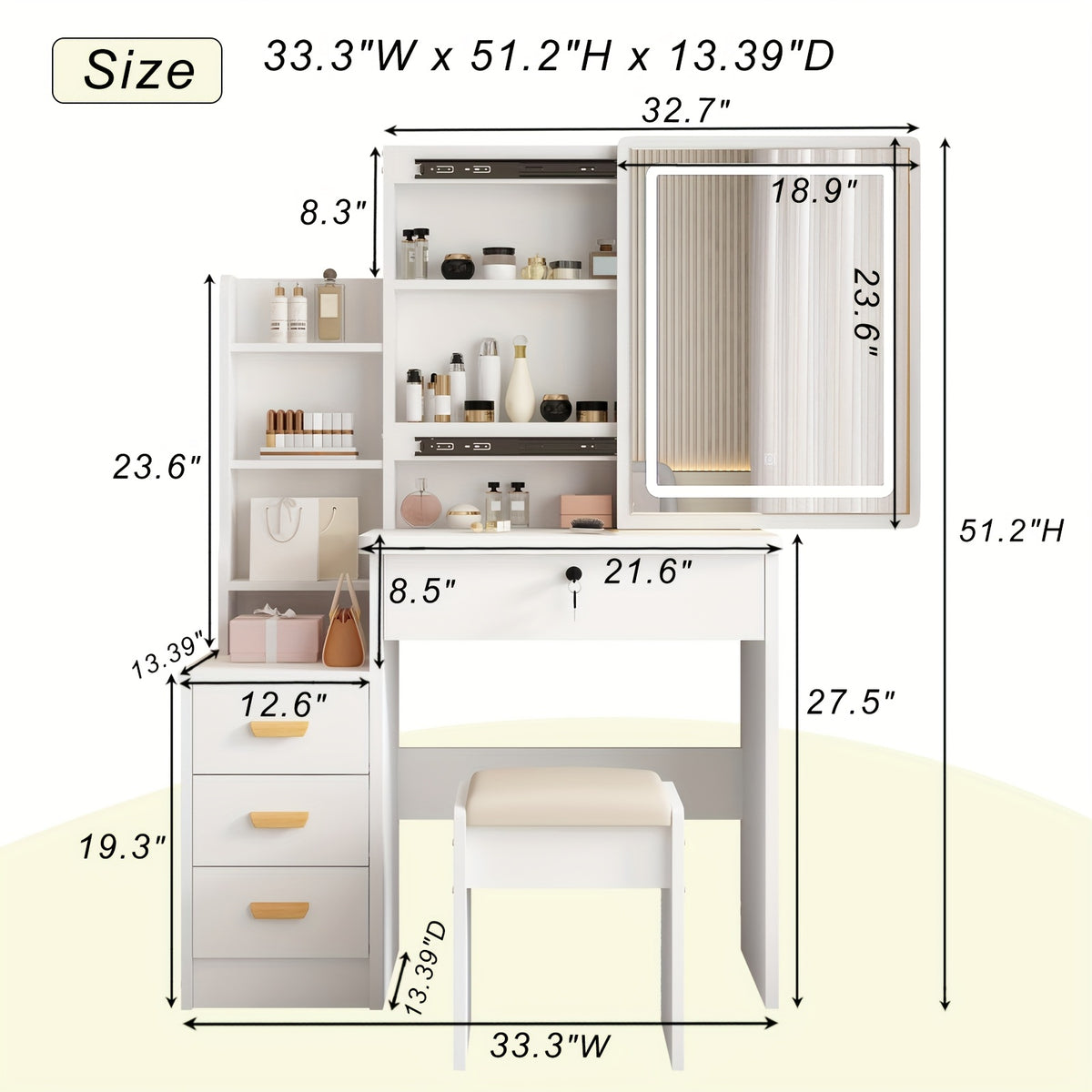 European Makeup Vanity Set with LED Lighting, Sliding Mirror, Drawers & Stool – 3 Color Modes Adjustable Brightness Bedroom Vanity Table White