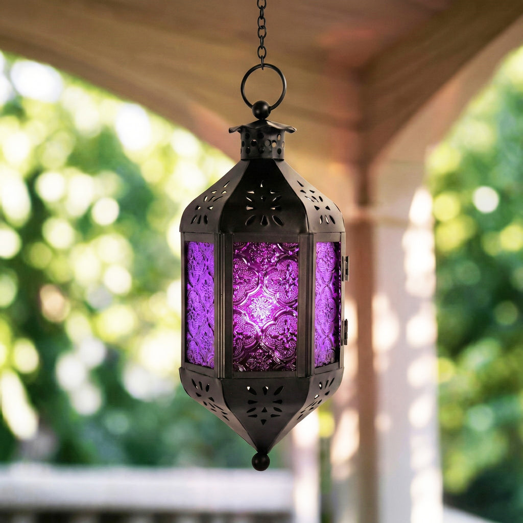 Moroccan Hanging Candle Lantern with Chain – Vintage Boho Style Iron & Glass Tealight Holder for Home, Patio, Garden, Wedding & Ramadan Decor (23.5" Overall)