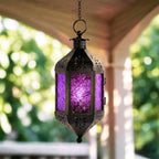 Moroccan Hanging Candle Lantern with Chain – Vintage Boho Style Iron & Glass Tealight Holder for Home, Patio, Garden, Wedding & Ramadan Decor (23.5" Overall)