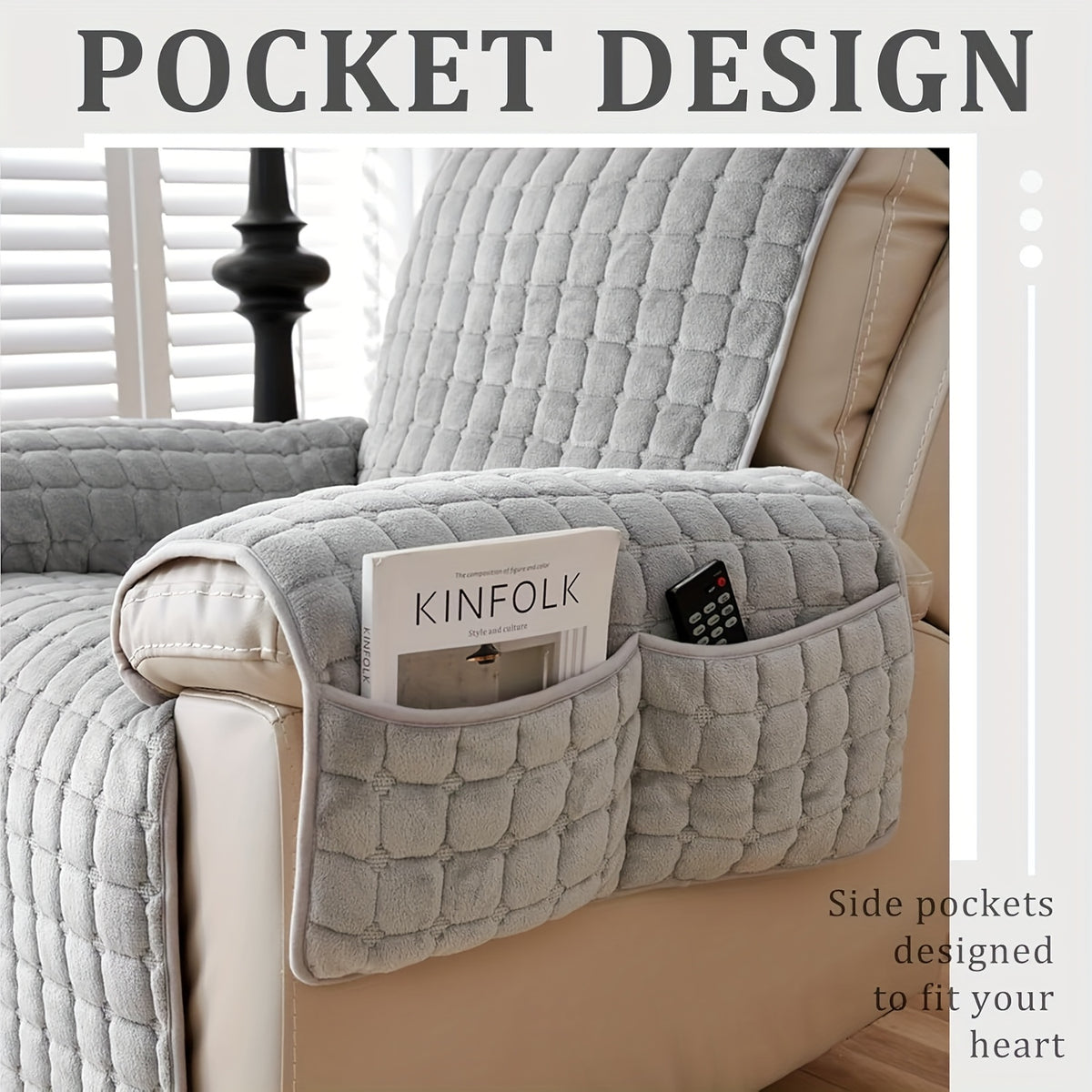 Velvet Lounge Chair Cover with Pocket Anti Slip Elastic Slipcover - Soft Plush Sofa Protection Cover for Living Room Office Home Decor, Brown Grey 53x75in