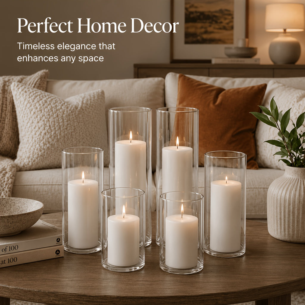 White Pillar Candles with Clear Glass Hurricane Candle Holders – Elegant Cylinder Vases for Wedding Centerpieces, Parties, Home & Office Decor, Table Decorations