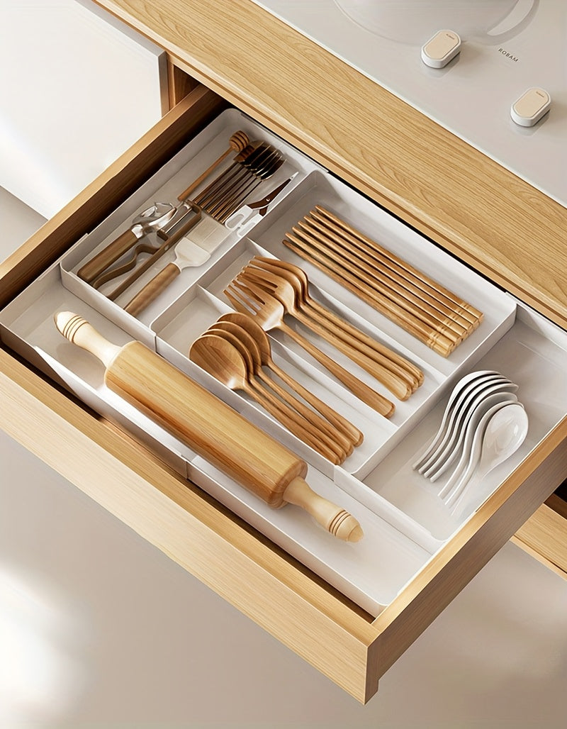 Expandable Kitchen Utensil Drawer Organizer Tray with Adjustable Dividers – Multiple Compartments for Forks, Spoons, Knives & Chopsticks, Durable Plastic, Extra Large 4-Direction Extension for Home Kitchen