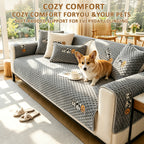 Honeycomb Velvet Sofa Slipcover Pet-Friendly Non-Slip with Cute Dog Embroidery, Bohemian Style Machine Washable Polyester Couch Cover for Sofa Cushion Backrest Armrest – Single Piece Home Decor, Grey